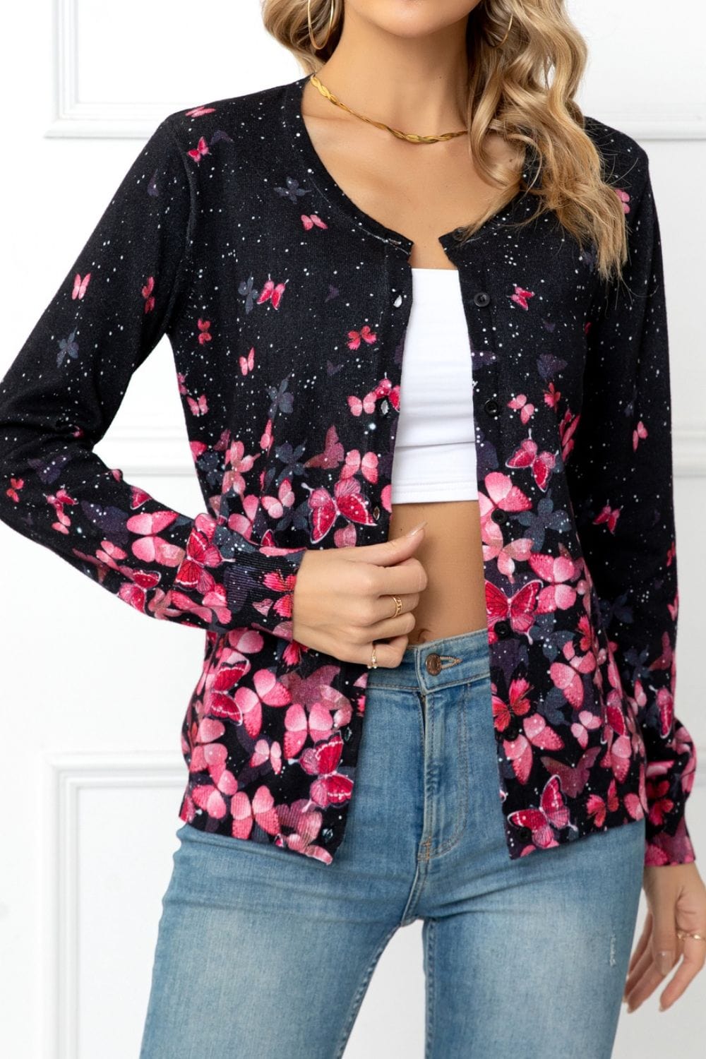 Floral Button Front Round Neck Cardigan - Body By J'ne