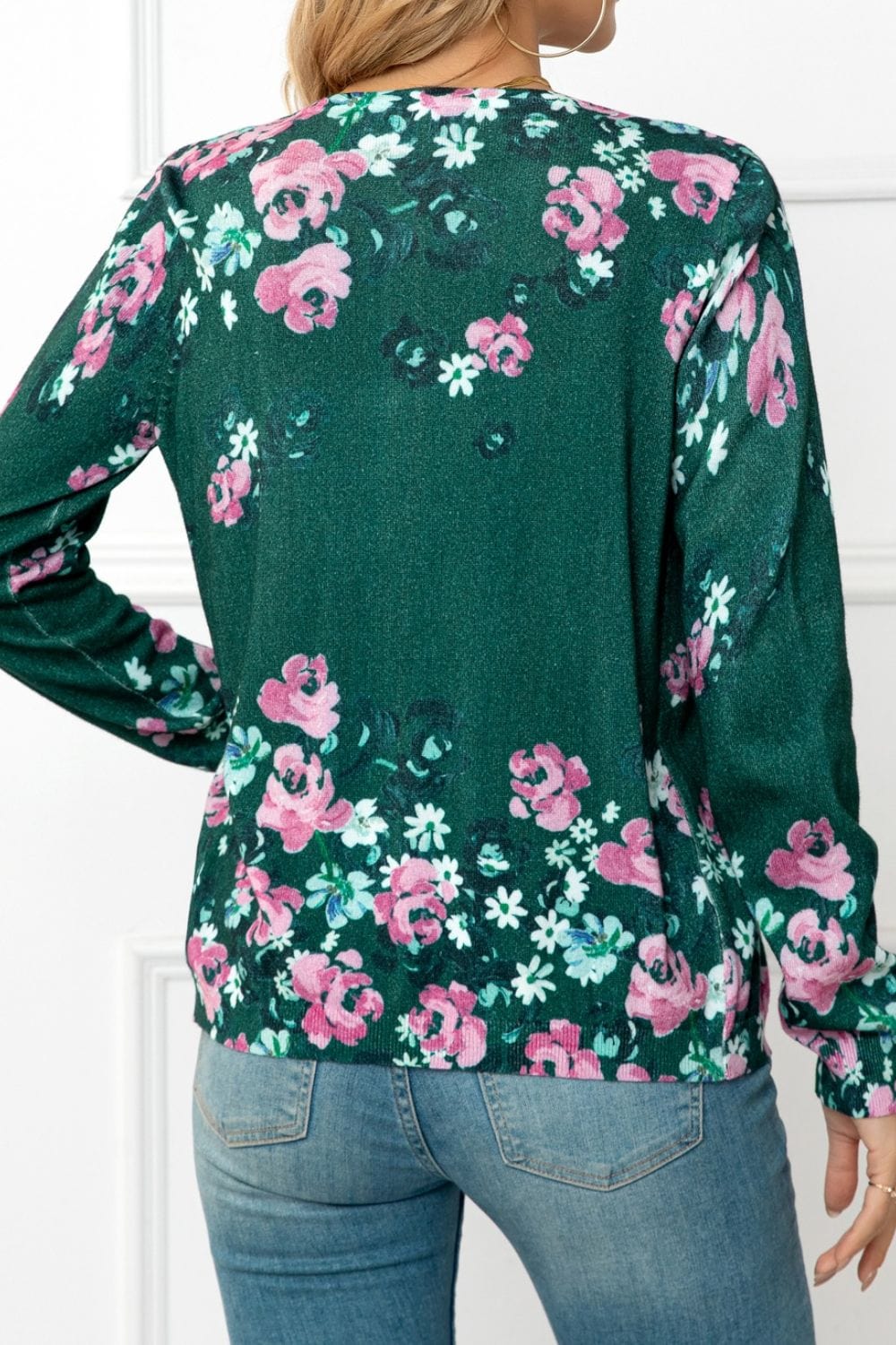 Floral Button Front Round Neck Cardigan - Body By J'ne