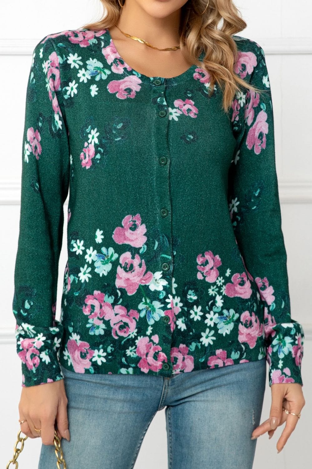 Floral Button Front Round Neck Cardigan - Body By J'ne
