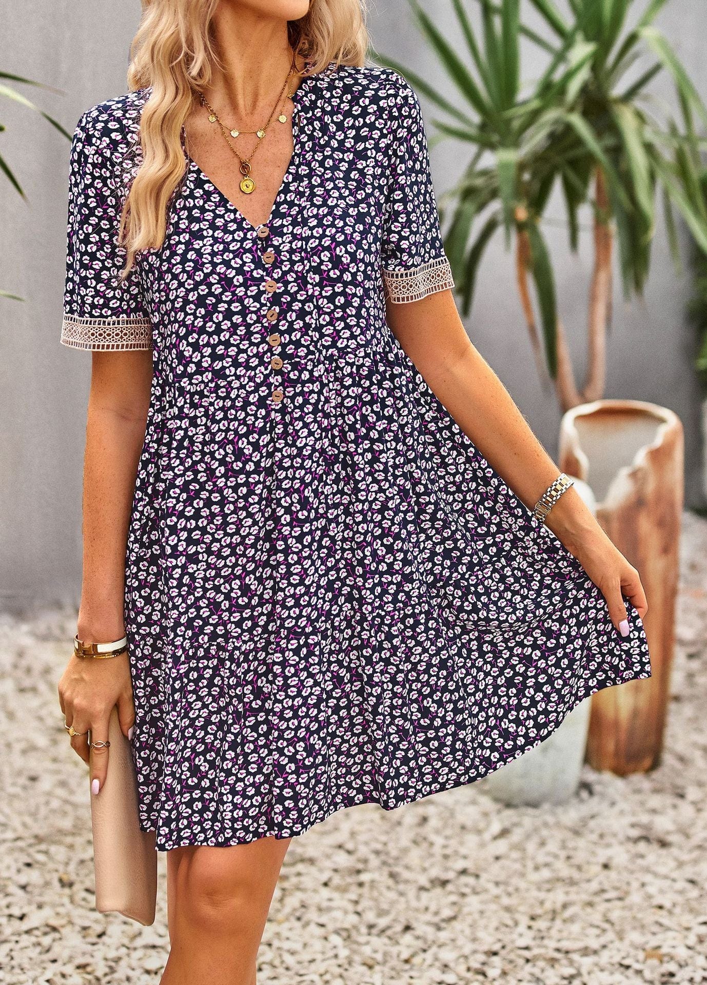 Floral Buttoned Puff Sleeve Dress - Body By J'ne