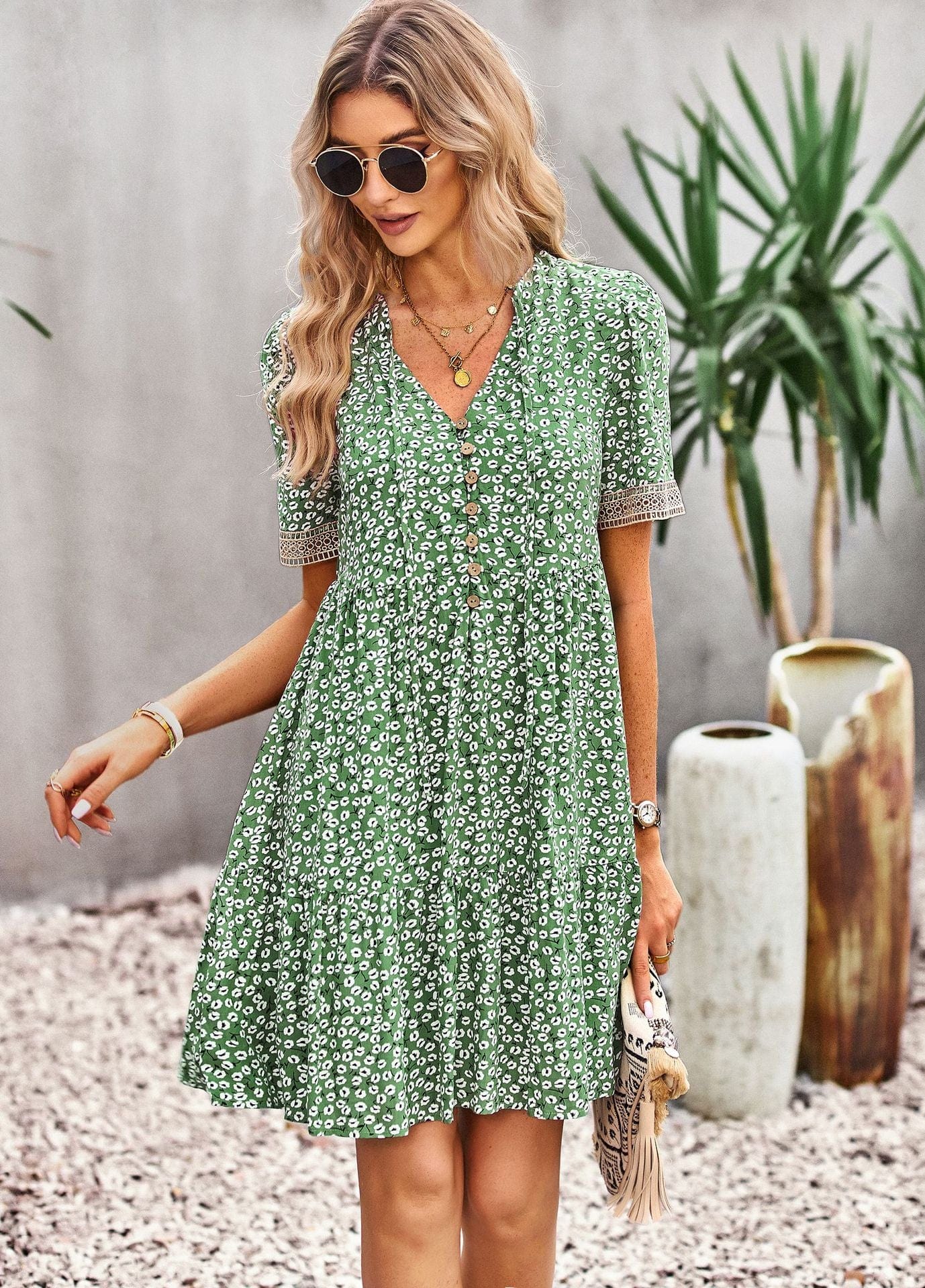 Floral Buttoned Puff Sleeve Dress - Body By J'ne