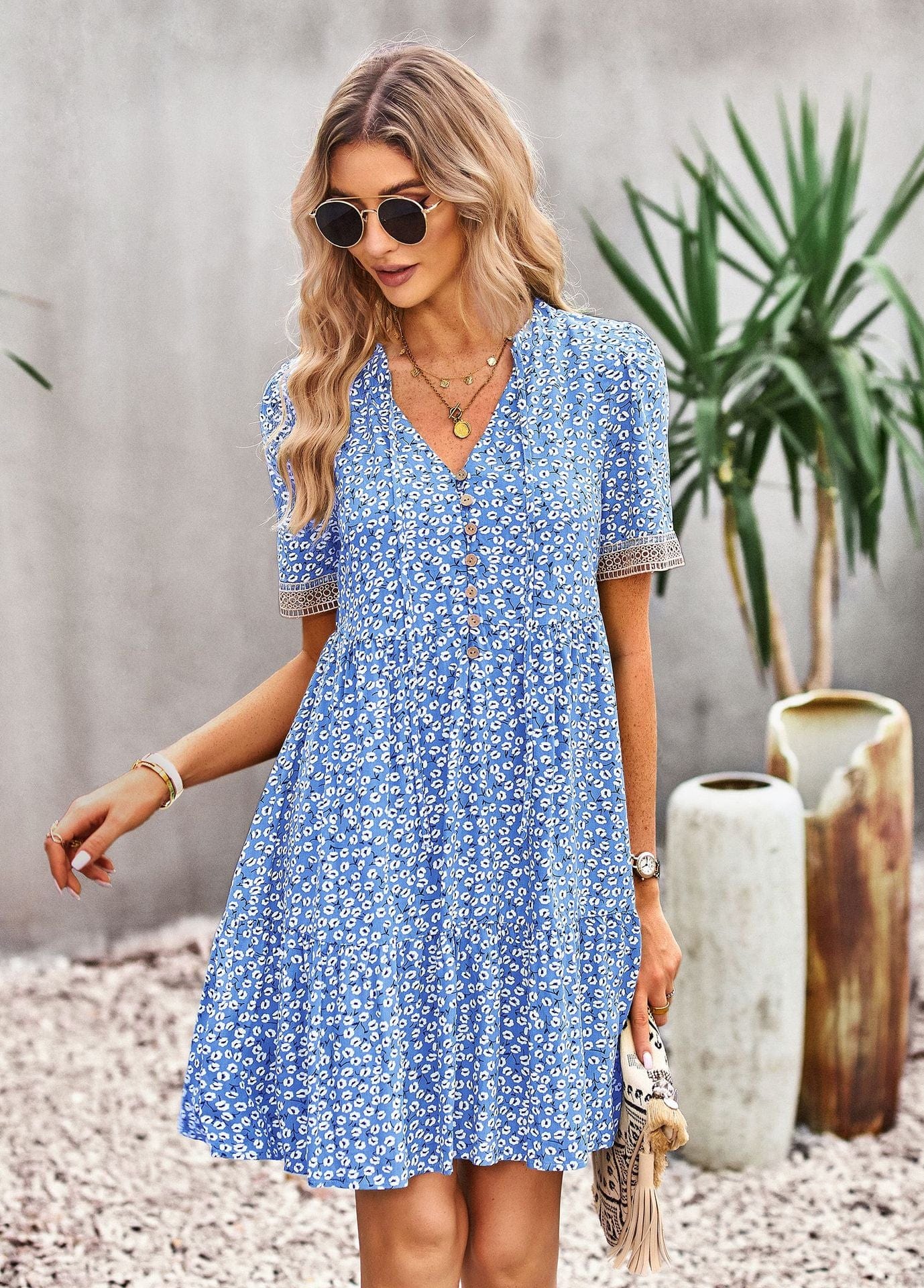 Floral Buttoned Puff Sleeve Dress - Body By J'ne