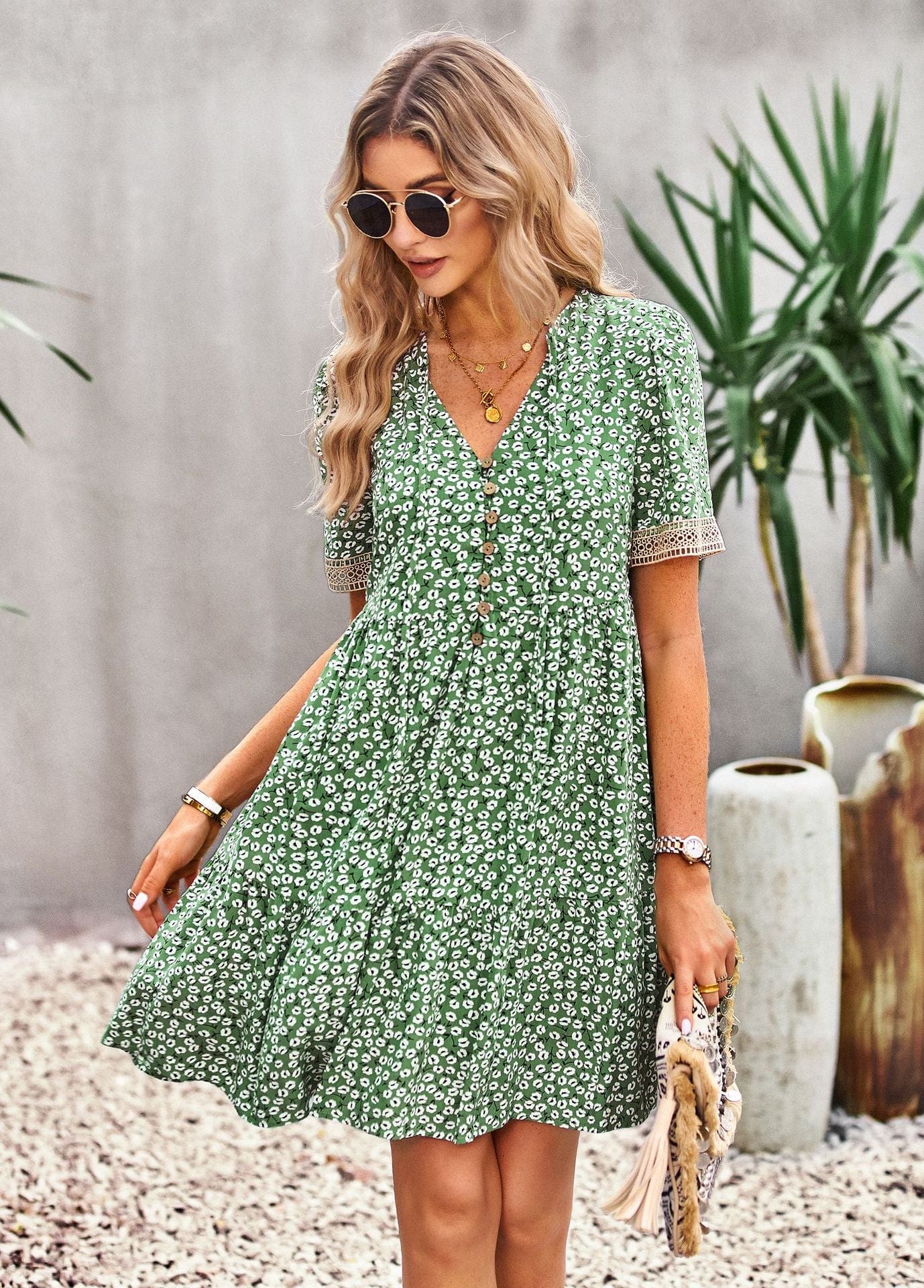 Floral Buttoned Puff Sleeve Dress - Body By J'ne