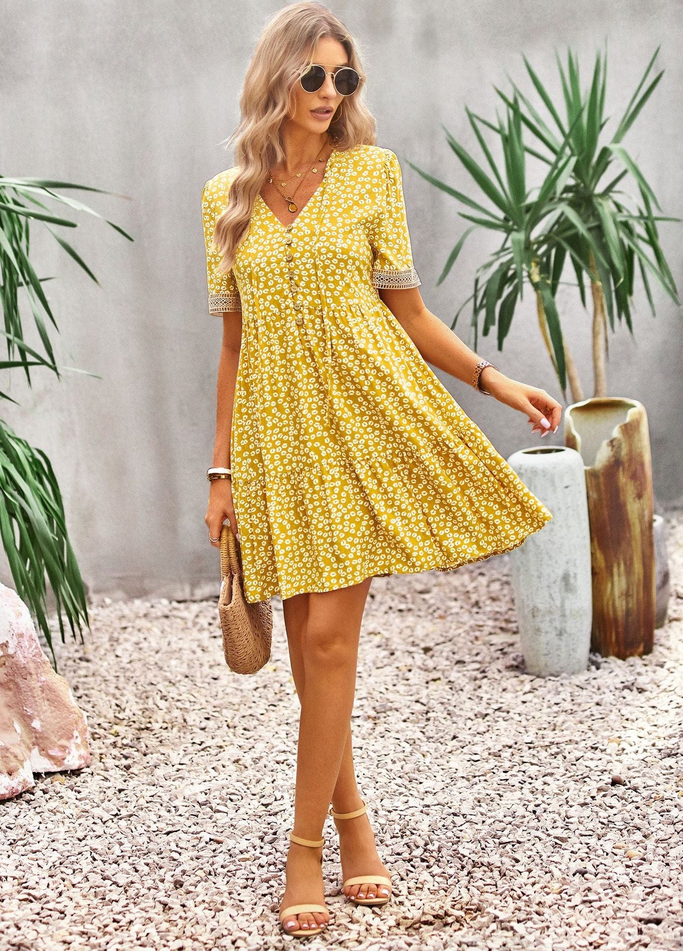 Floral Buttoned Puff Sleeve Dress - Body By J'ne