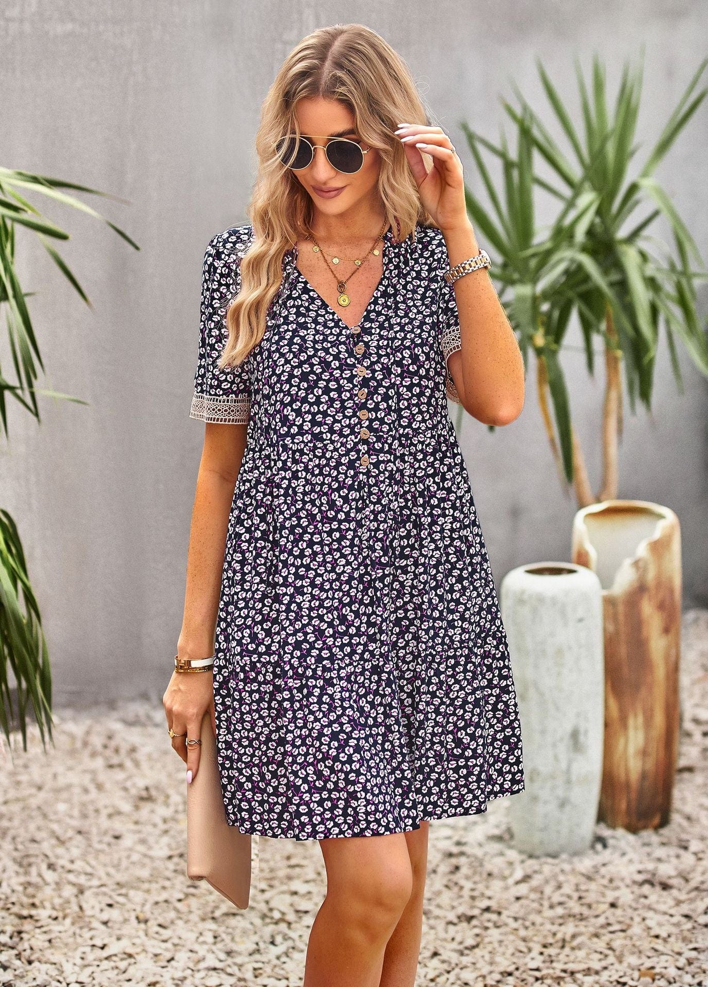 Floral Buttoned Puff Sleeve Dress - Body By J'ne