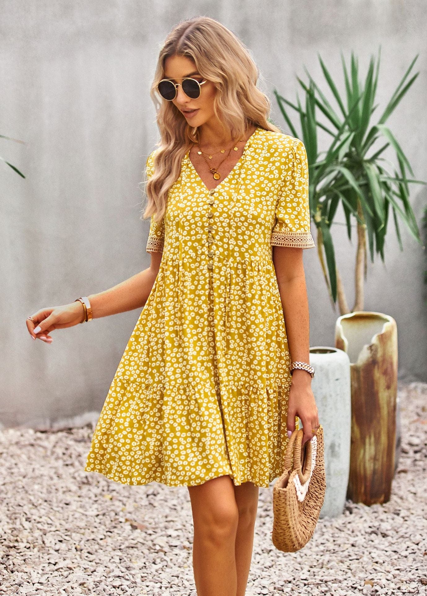 Floral Buttoned Puff Sleeve Dress - Body By J'ne