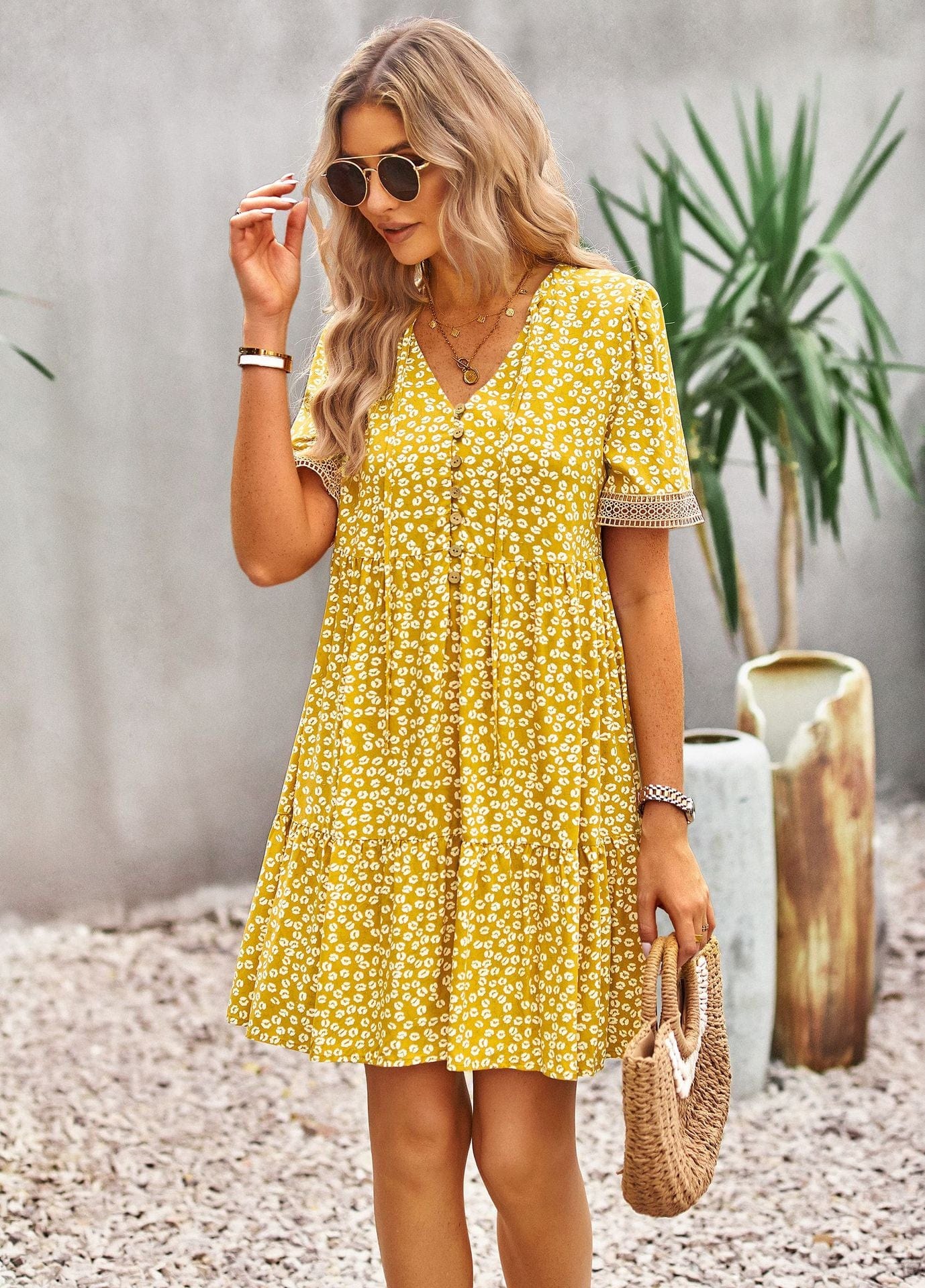 Floral Buttoned Puff Sleeve Dress - Body By J'ne