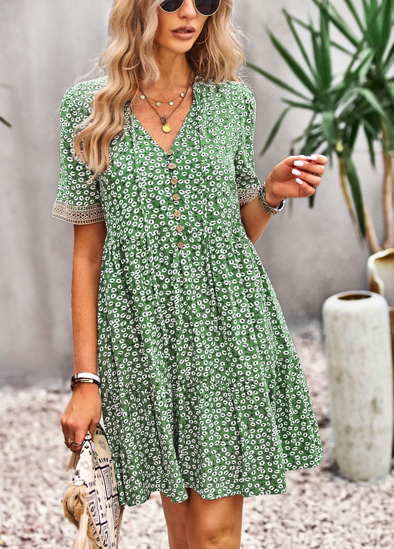 Floral Buttoned Puff Sleeve Dress - Body By J'ne