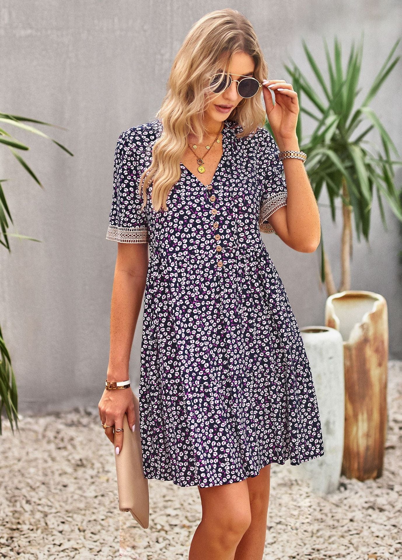 Floral Buttoned Puff Sleeve Dress - Body By J'ne