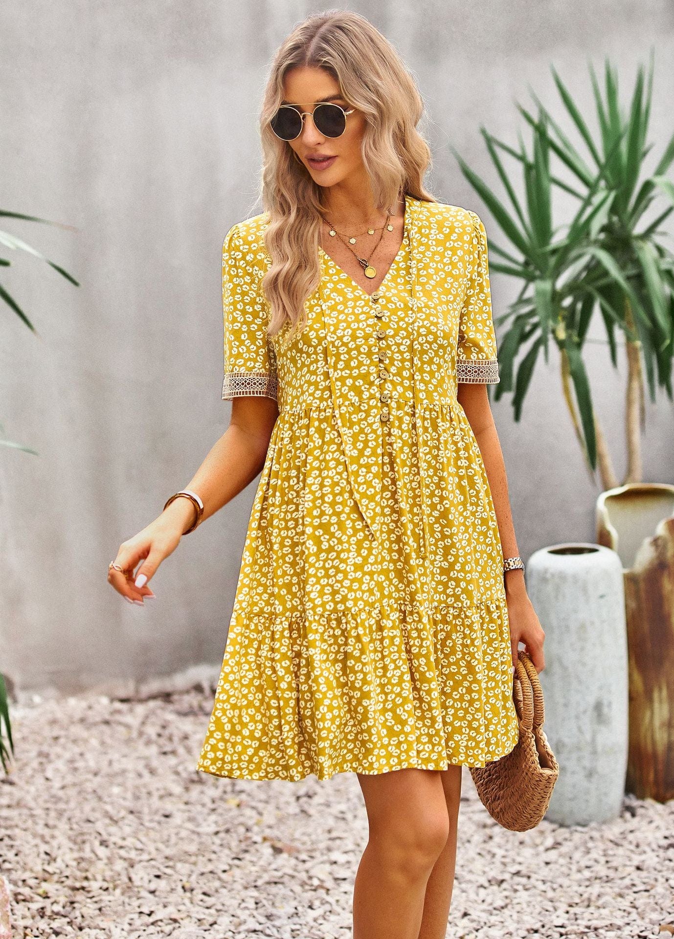 Floral Buttoned Puff Sleeve Dress - Body By J'ne