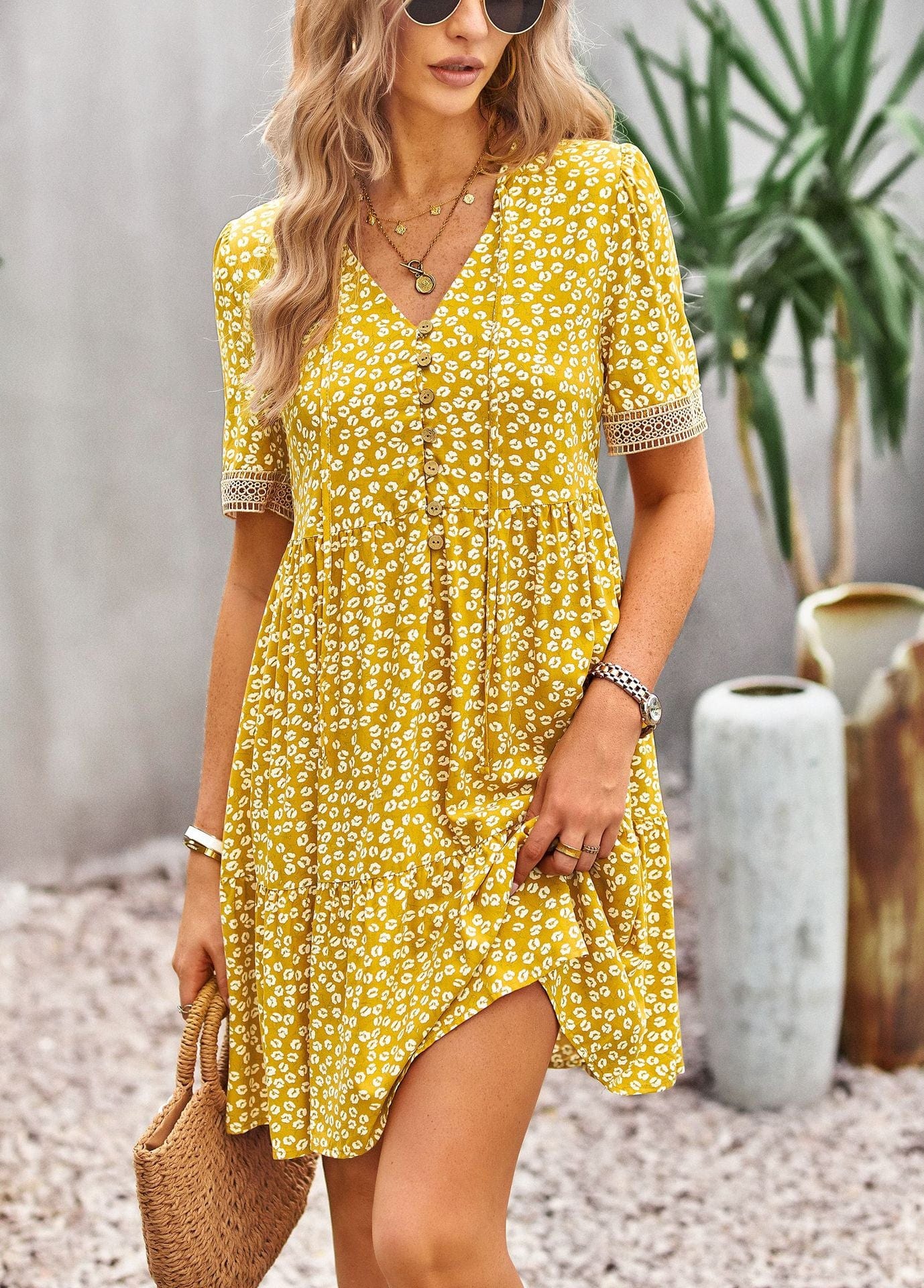 Floral Buttoned Puff Sleeve Dress - Body By J'ne