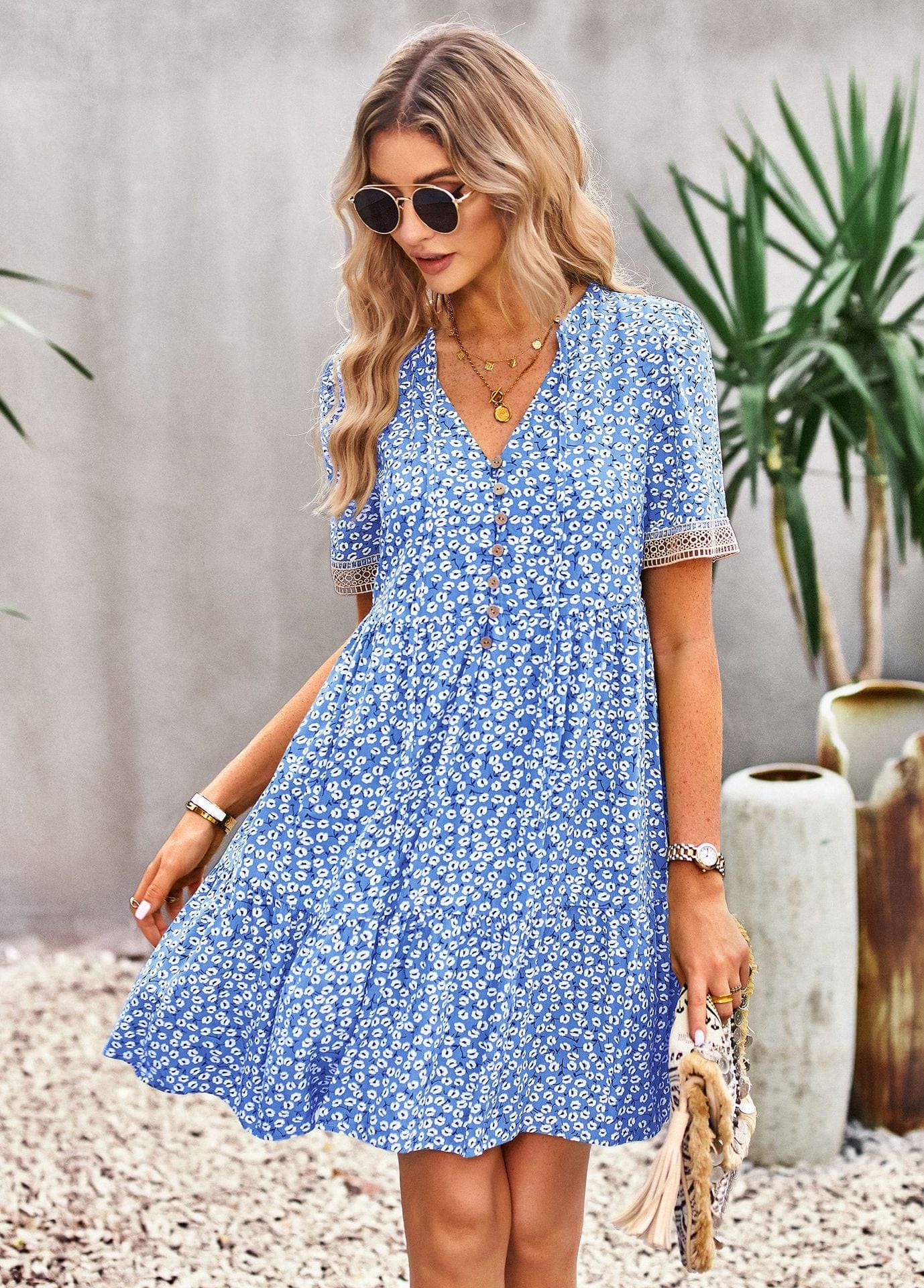 Floral Buttoned Puff Sleeve Dress - Body By J'ne