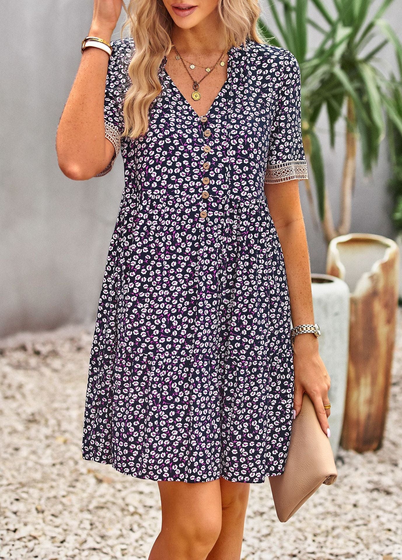 Floral Buttoned Puff Sleeve Dress - Body By J'ne