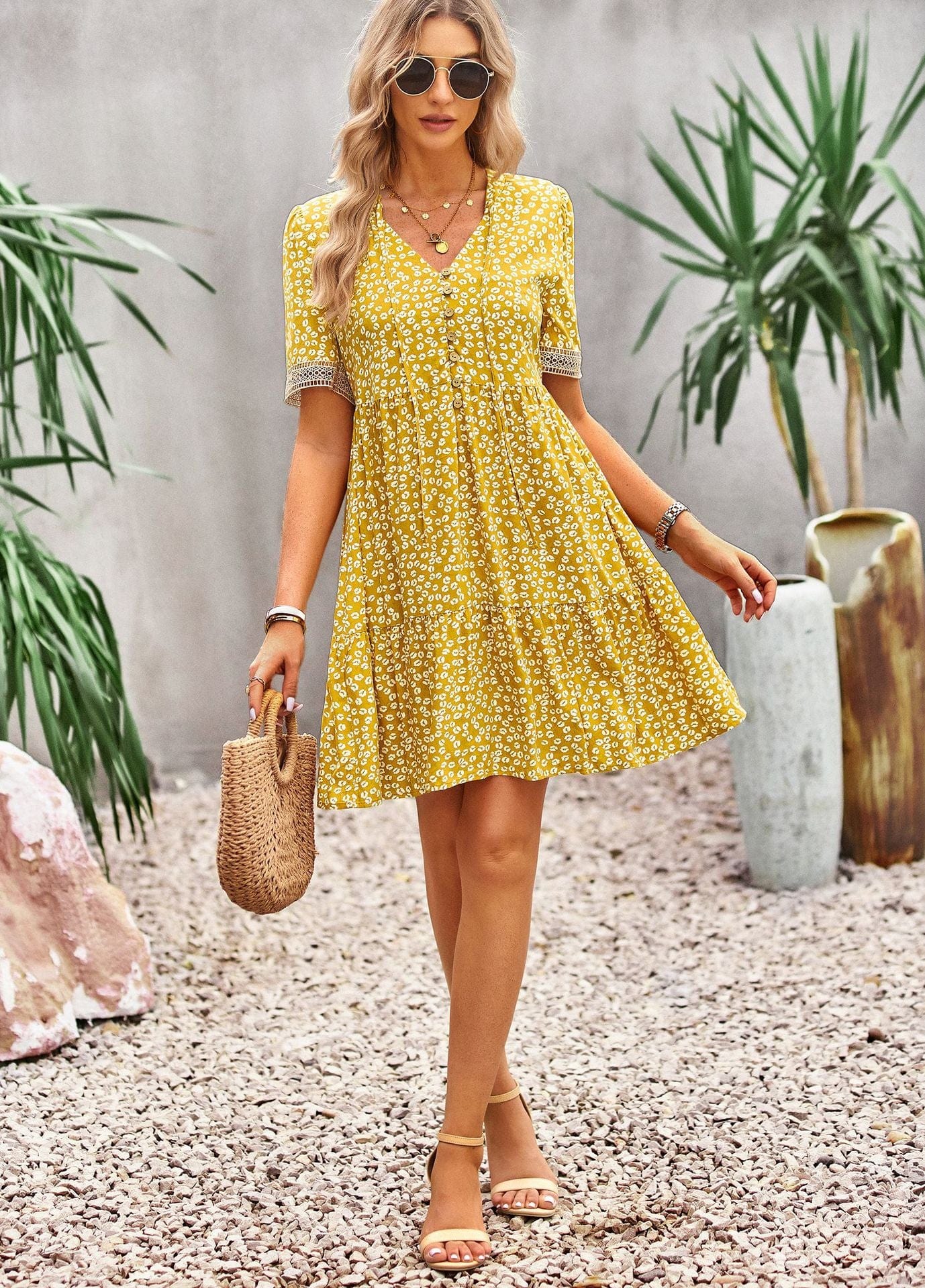 Floral Buttoned Puff Sleeve Dress - Body By J'ne