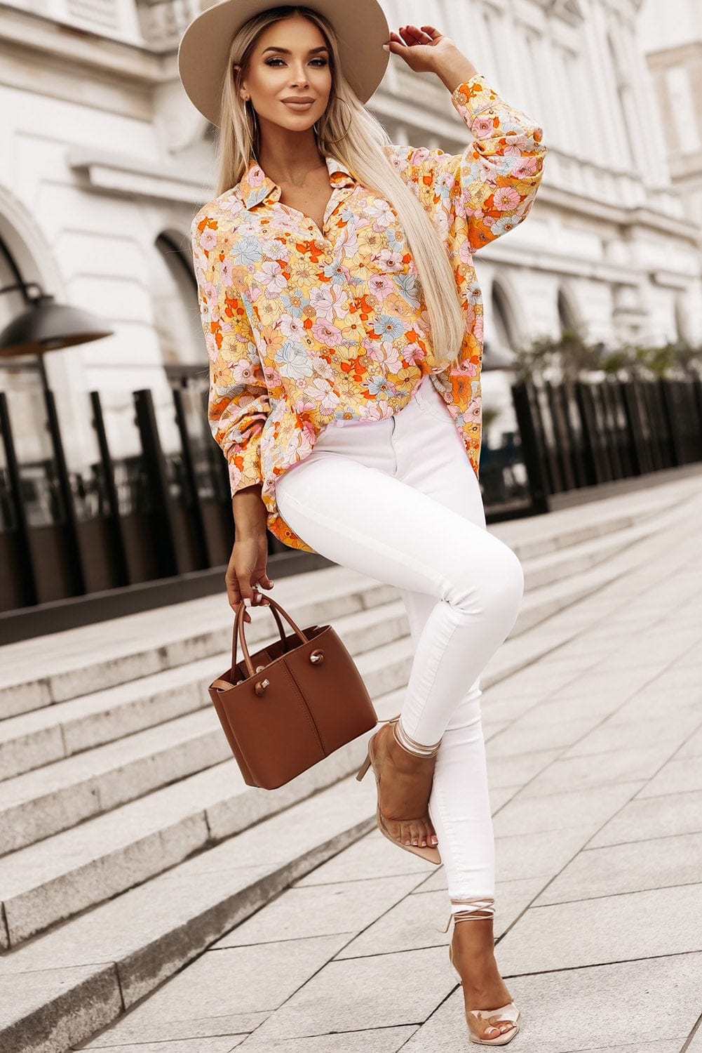 Floral Collared Neck Long Sleeve Shirt - Body By J'ne