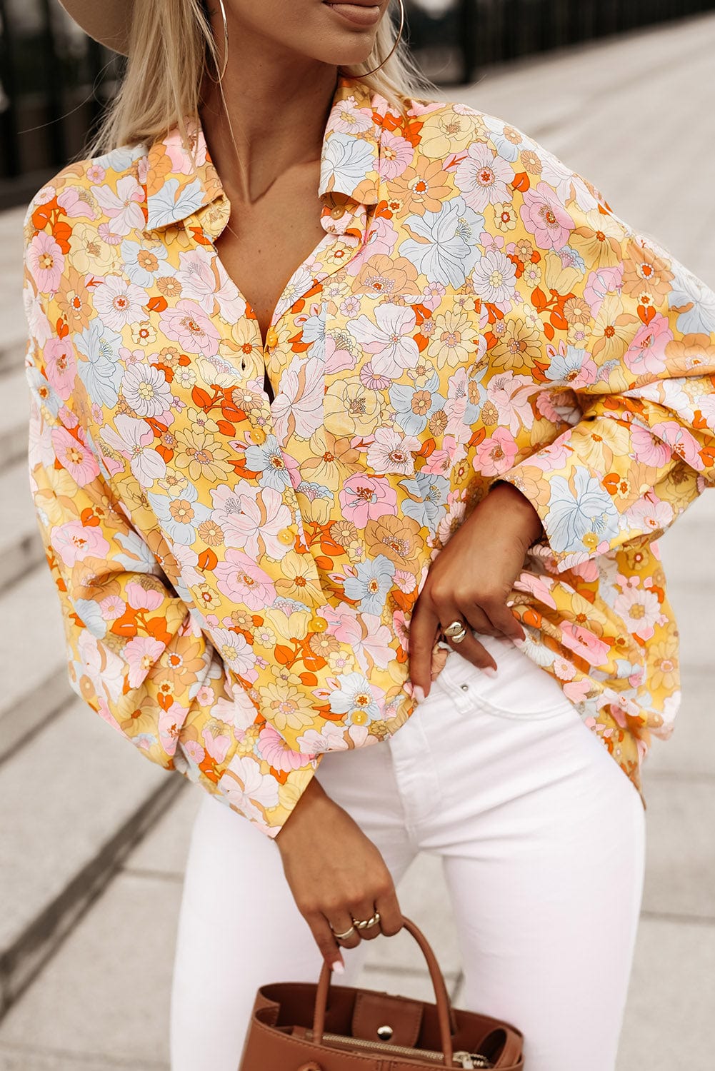 Floral Collared Neck Long Sleeve Shirt - Body By J'ne