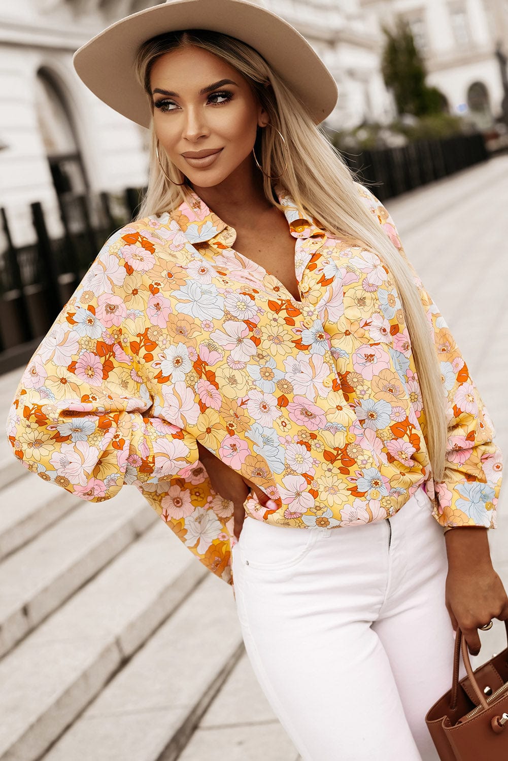 Floral Collared Neck Long Sleeve Shirt - Body By J'ne