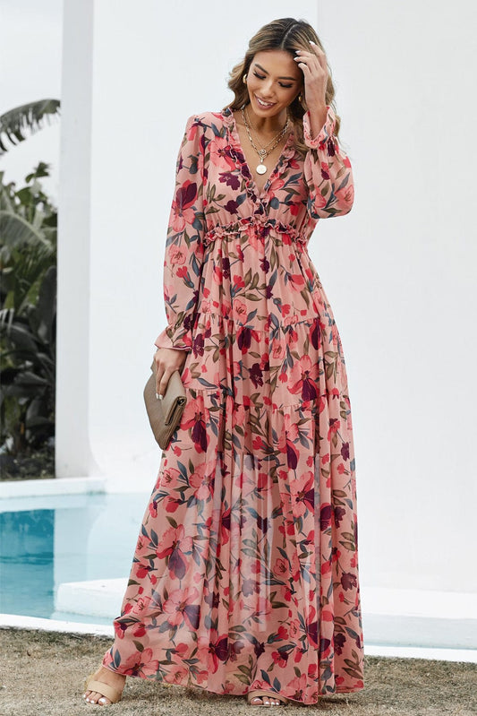 Floral Frill Trim Flounce Sleeve Plunge Maxi Dress - Body By J'ne