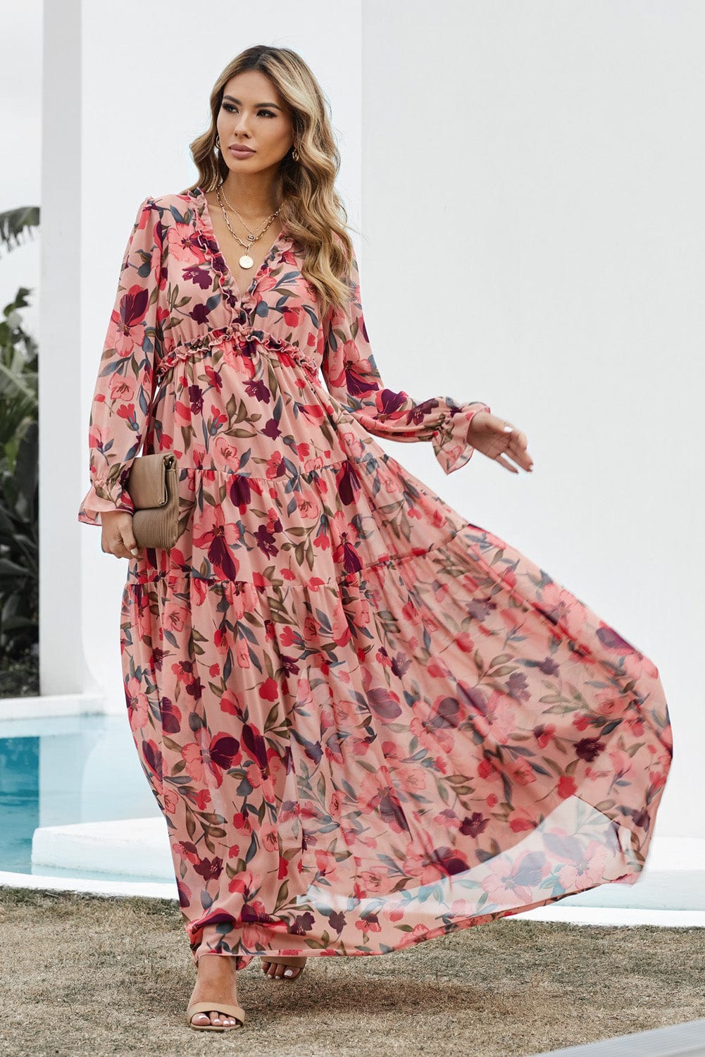 Floral Frill Trim Flounce Sleeve Plunge Maxi Dress - Body By J'ne