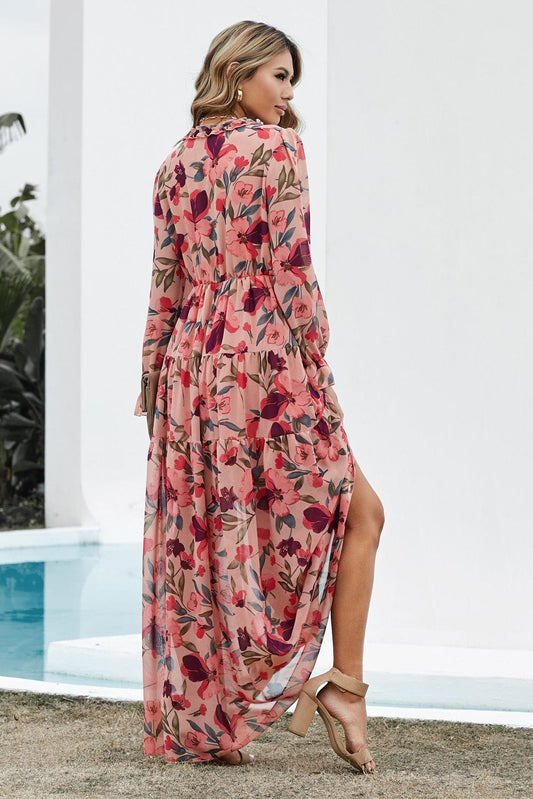 Floral Frill Trim Flounce Sleeve Plunge Maxi Dress - Body By J'ne