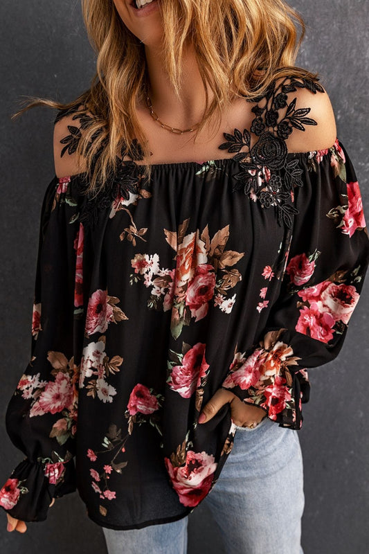 Floral Lace Cold-Shoulder Flounce Sleeve Blouse - Body By J'ne