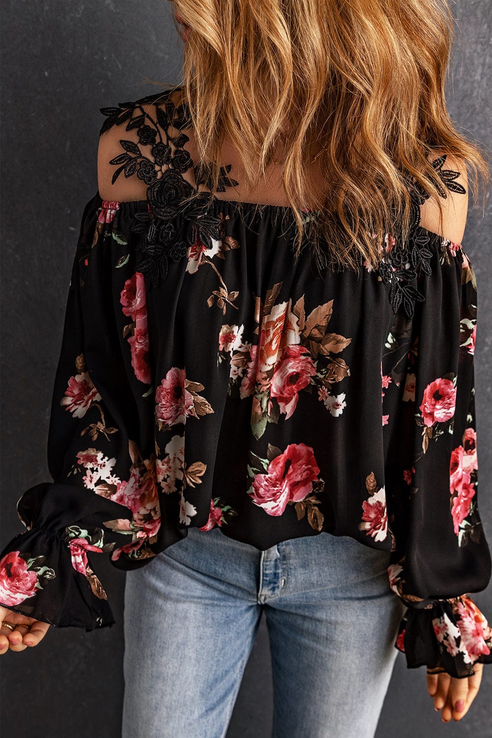 Floral Lace Cold-Shoulder Flounce Sleeve Blouse - Body By J'ne