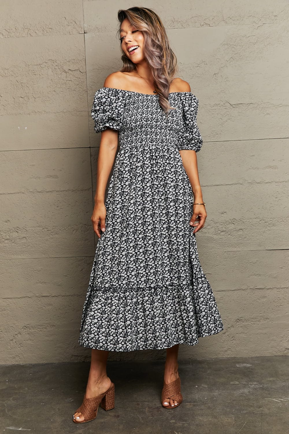 Floral Lace-Up Off-Shoulder Midi Dress - Body By J'ne