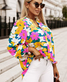 Floral Print Notched Neck Lantern Sleeve Blouse - Body By J'ne