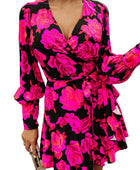 Floral Print V Neck Wrap Bishop Sleeve Ruffle Tiered Mini Dress - Body By J'ne