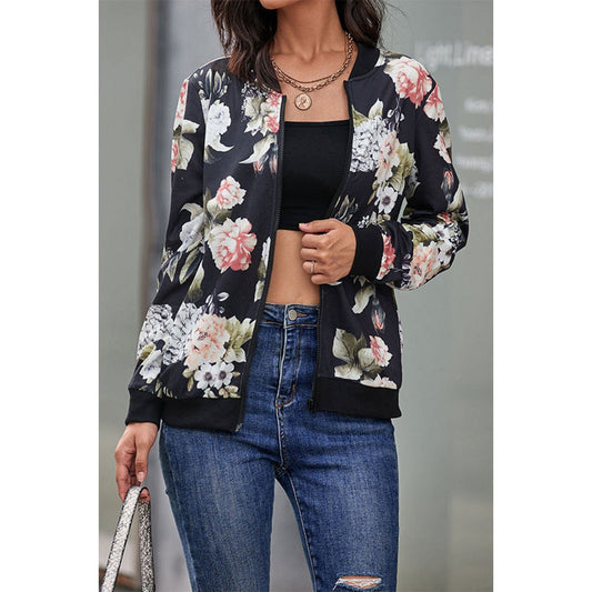 Floral Print Zip Up Bomber Jacket - Body By J'ne