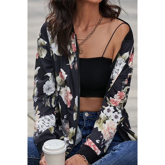 Floral Print Zip Up Bomber Jacket - Body By J'ne