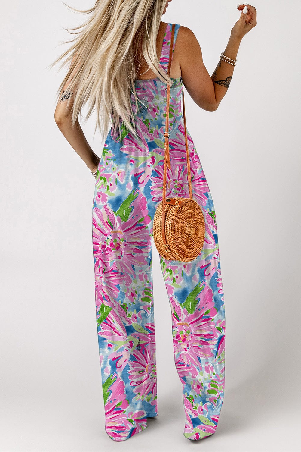 Floral Smocked Square Neck Jumpsuit with Pockets - Body By J'ne