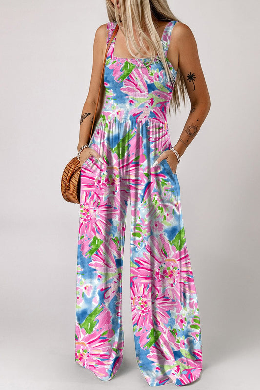 Floral Smocked Square Neck Jumpsuit with Pockets - Body By J'ne