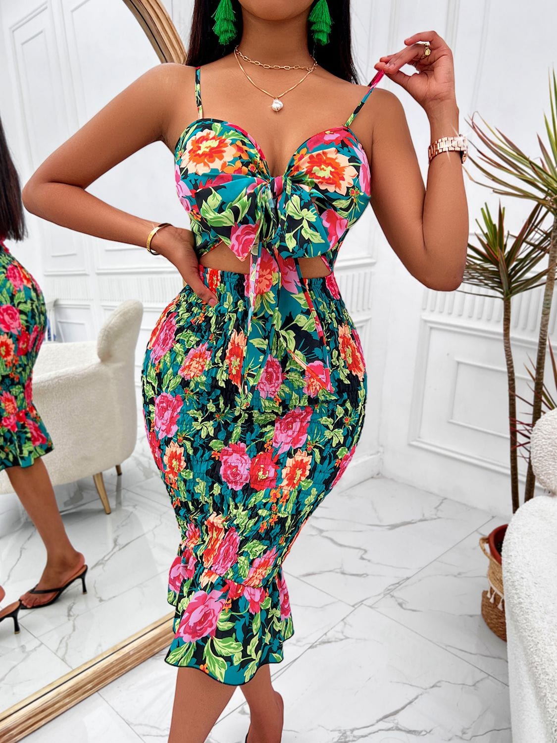 Floral Sweetheart Neck Cutout Dress - Body By J'ne