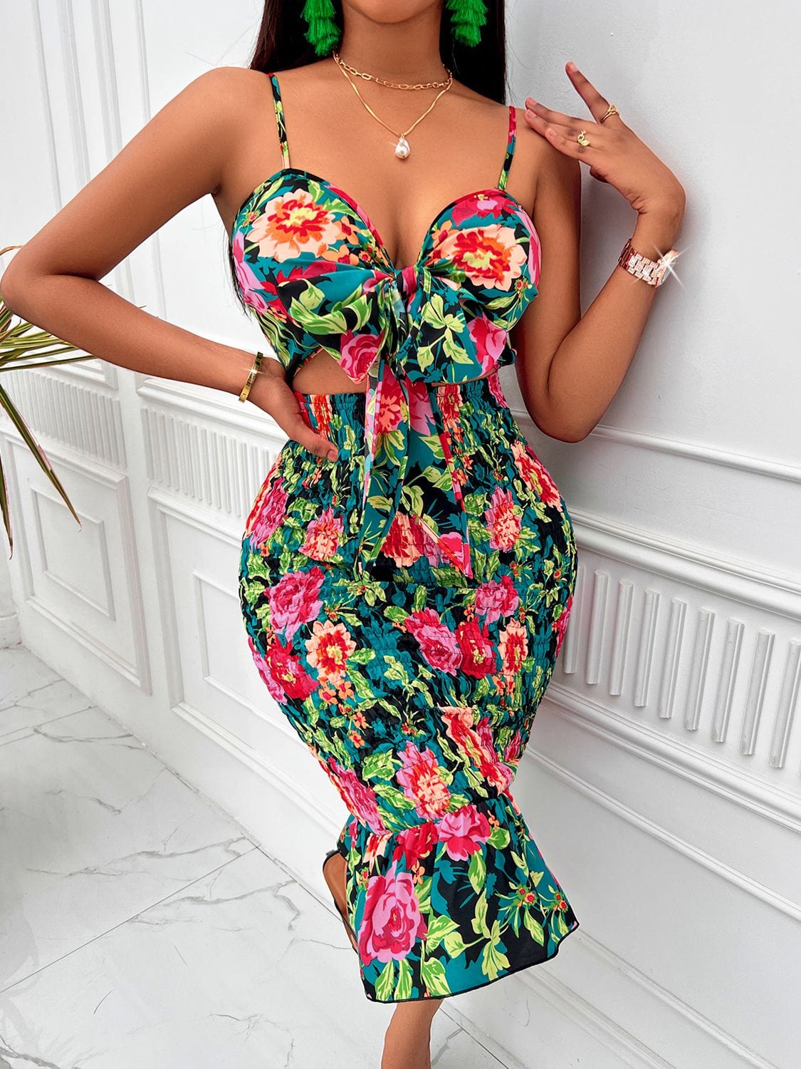 Floral Sweetheart Neck Cutout Dress - Body By J'ne