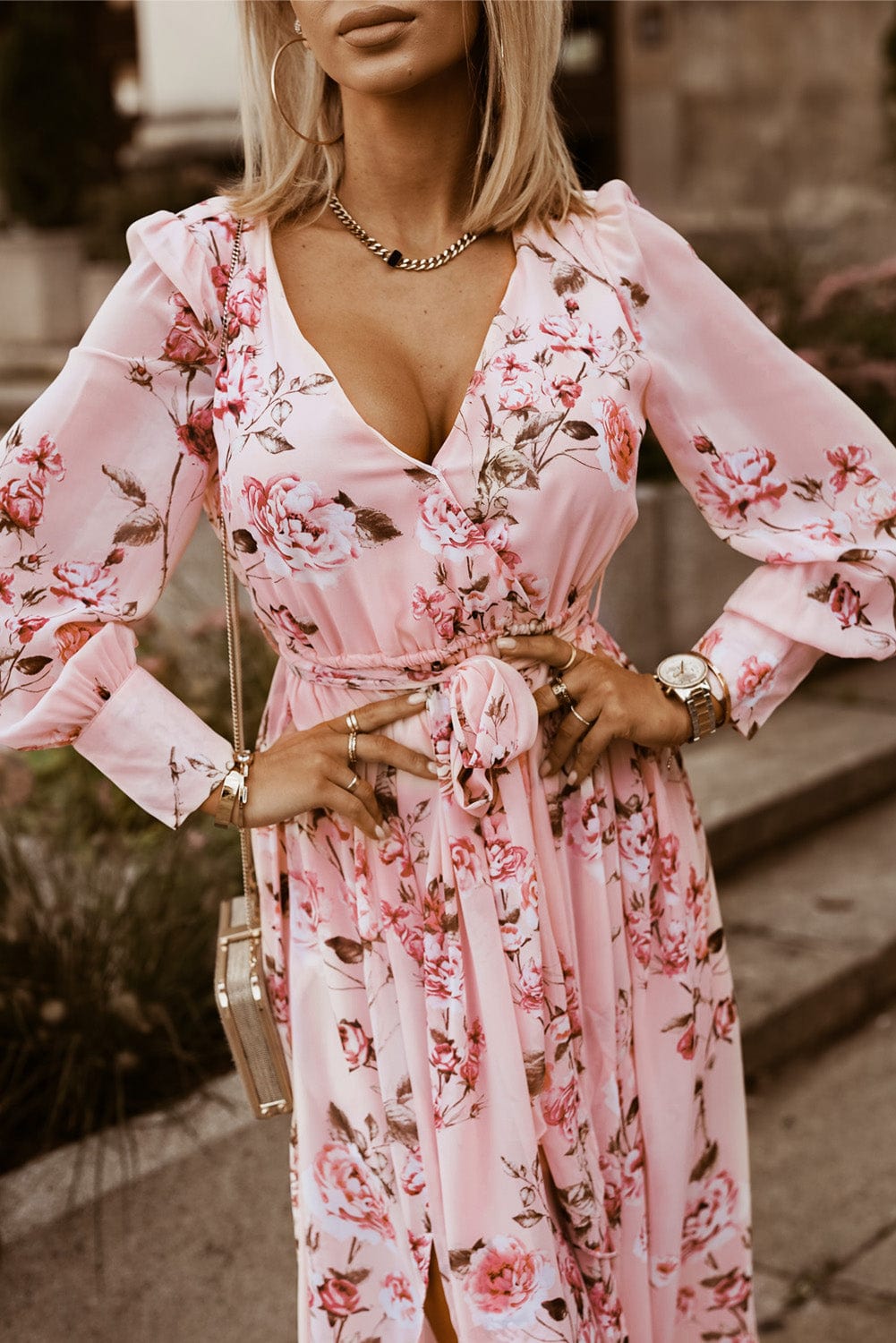 Floral Tie Belt Bishop Sleeve Slit Maxi Dress - Body By J'ne