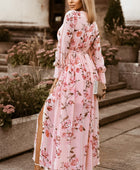 Floral Tie Belt Bishop Sleeve Slit Maxi Dress - Body By J'ne