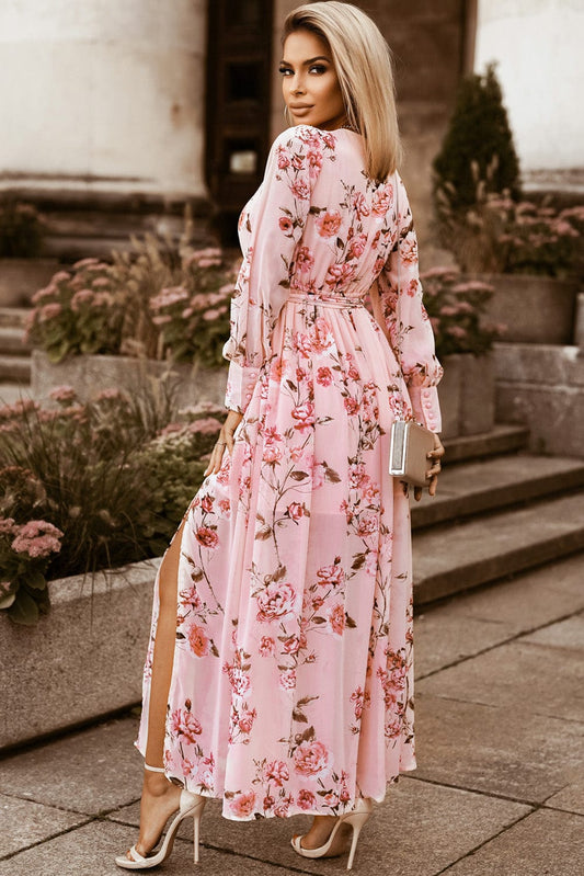 Floral Tie Belt Bishop Sleeve Slit Maxi Dress - Body By J'ne