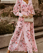 Floral Tie Belt Bishop Sleeve Slit Maxi Dress - Body By J'ne