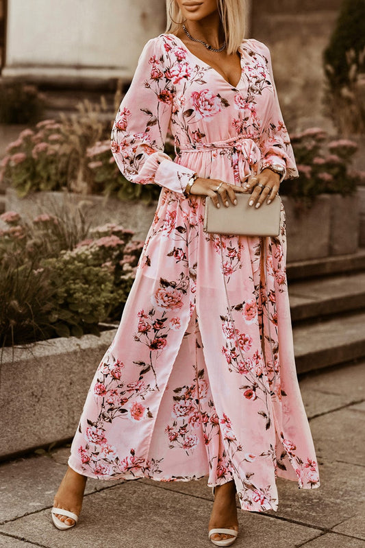 Floral Tie Belt Bishop Sleeve Slit Maxi Dress - Body By J'ne