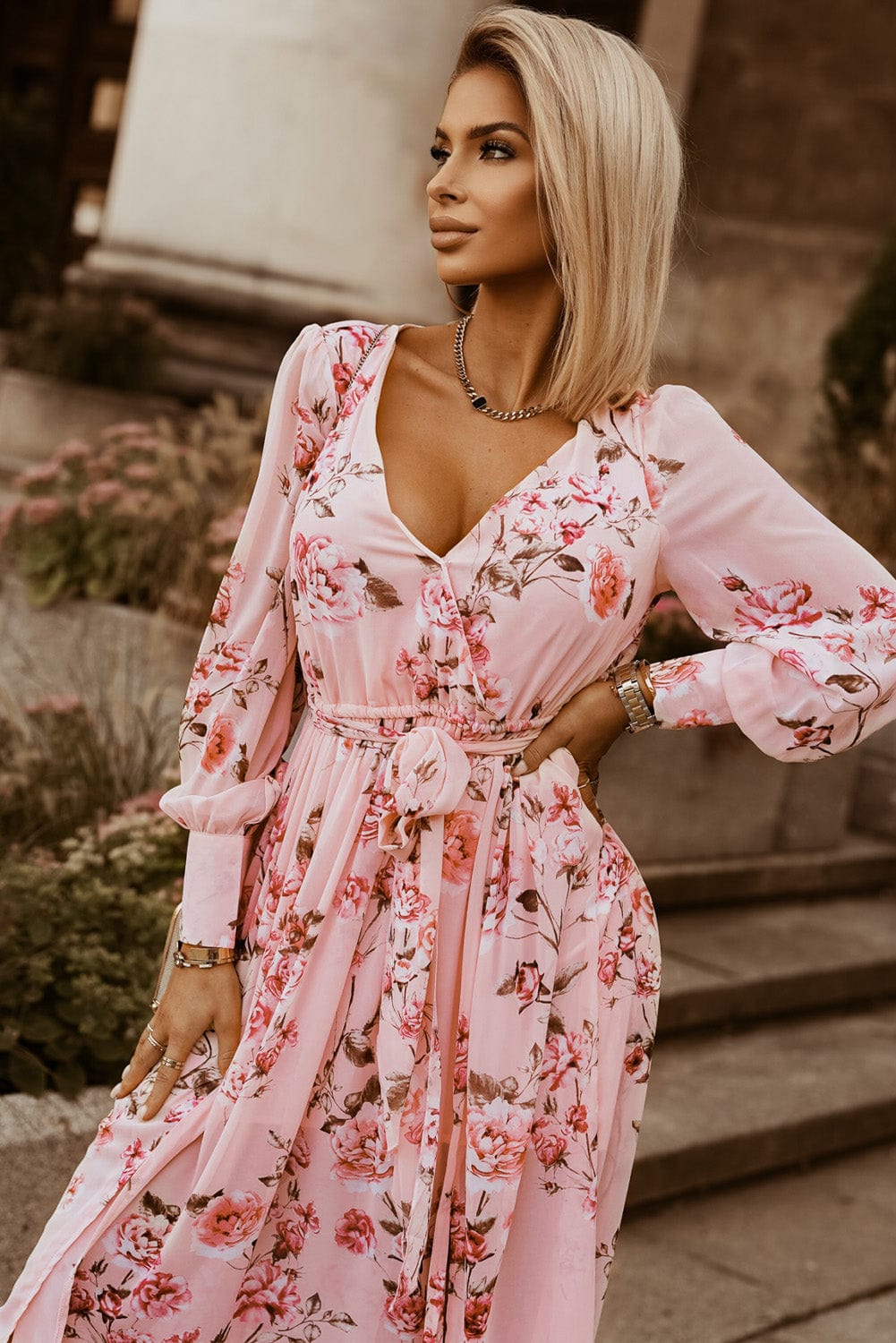 Floral Tie Belt Bishop Sleeve Slit Maxi Dress - Body By J'ne