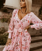 Floral Tie Belt Bishop Sleeve Slit Maxi Dress - Body By J'ne