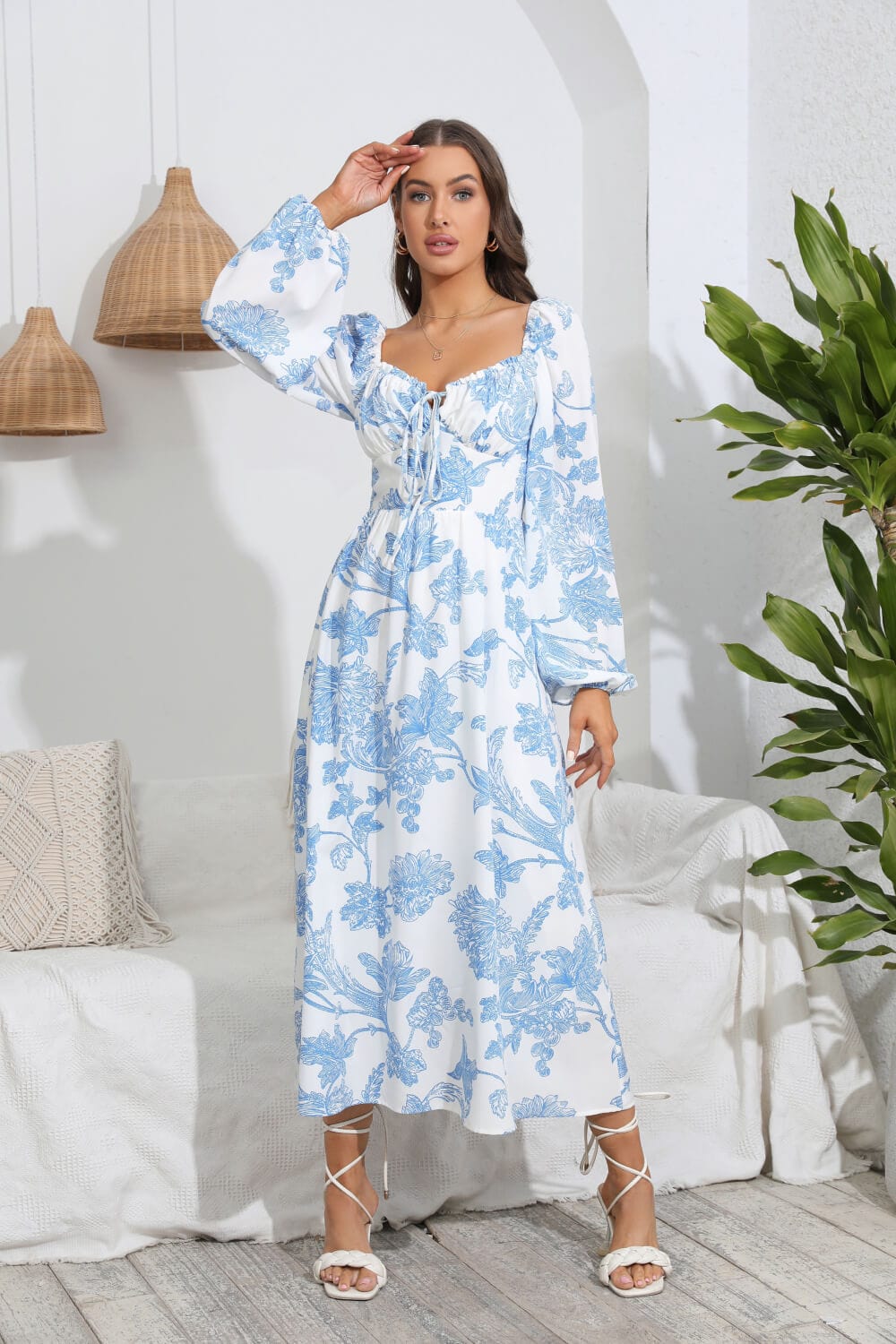 Floral Tie Front Sweetheart Neck Midi Dress - Body By J'ne