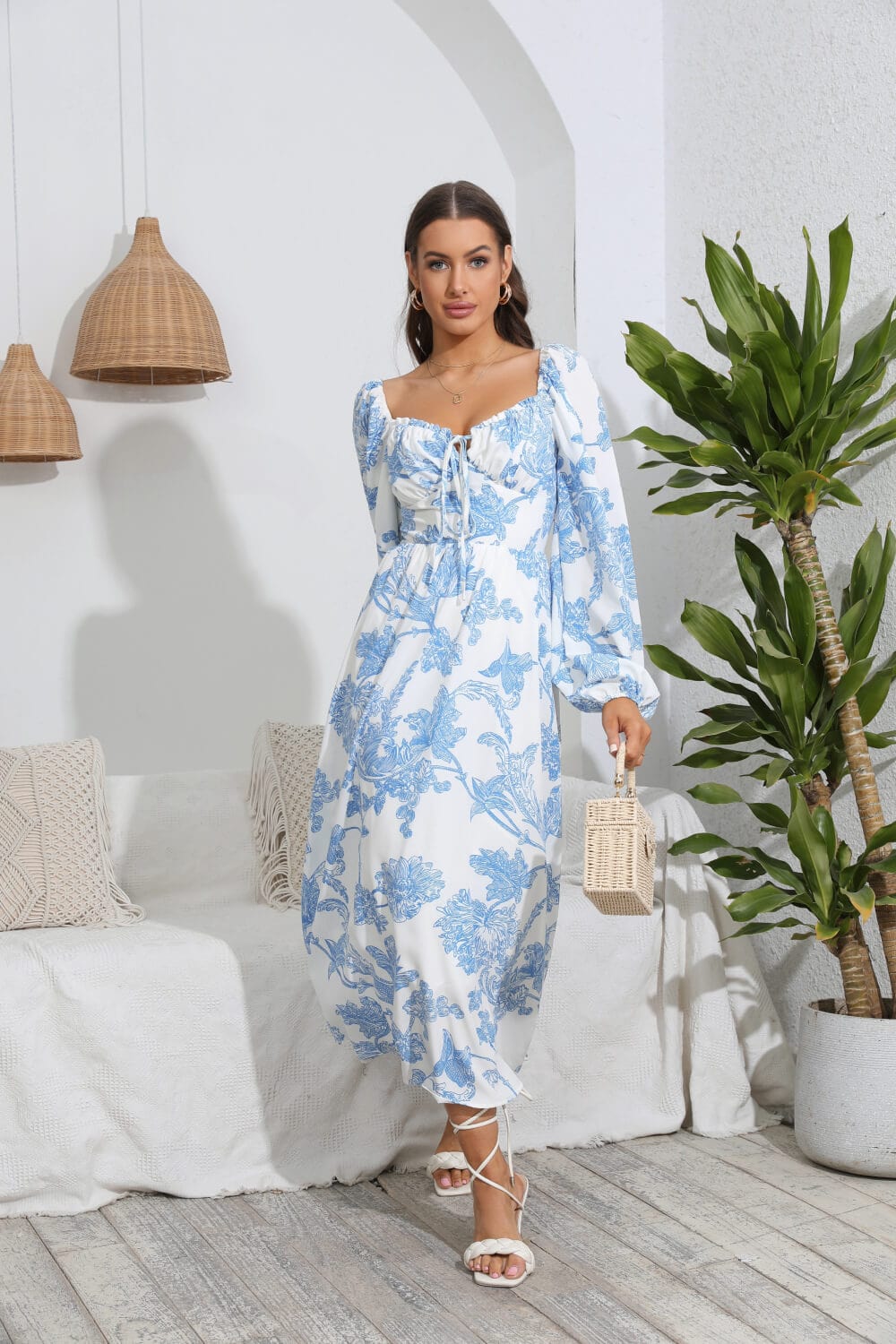 Floral Tie Front Sweetheart Neck Midi Dress - Body By J'ne