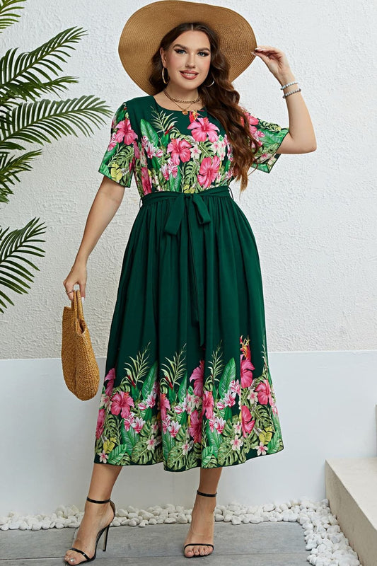 Floral Tie-Waist Round Neck Dress - Body By J'ne