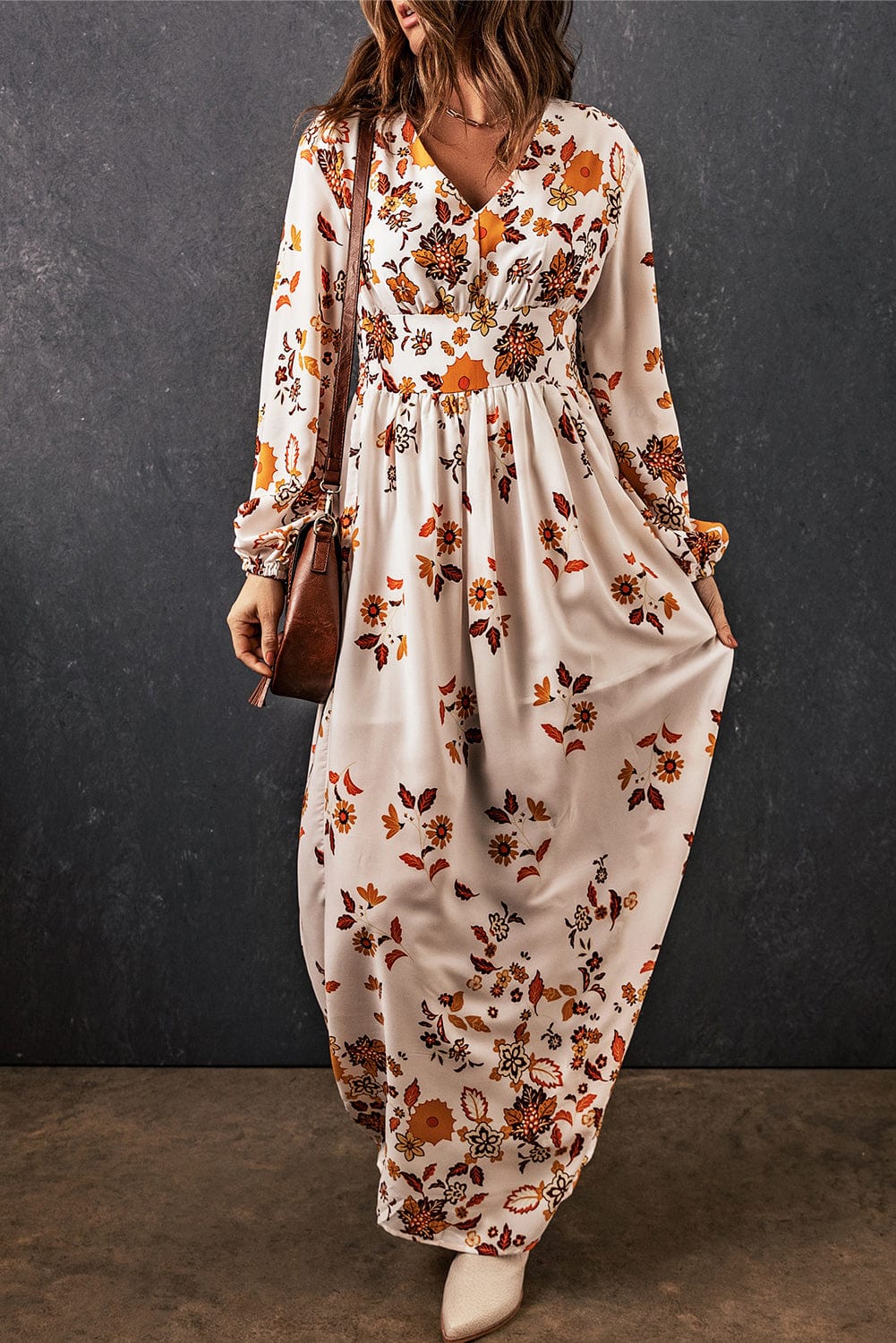 Floral V-Neck Long Sleeve Maxi Dress - Body By J'ne