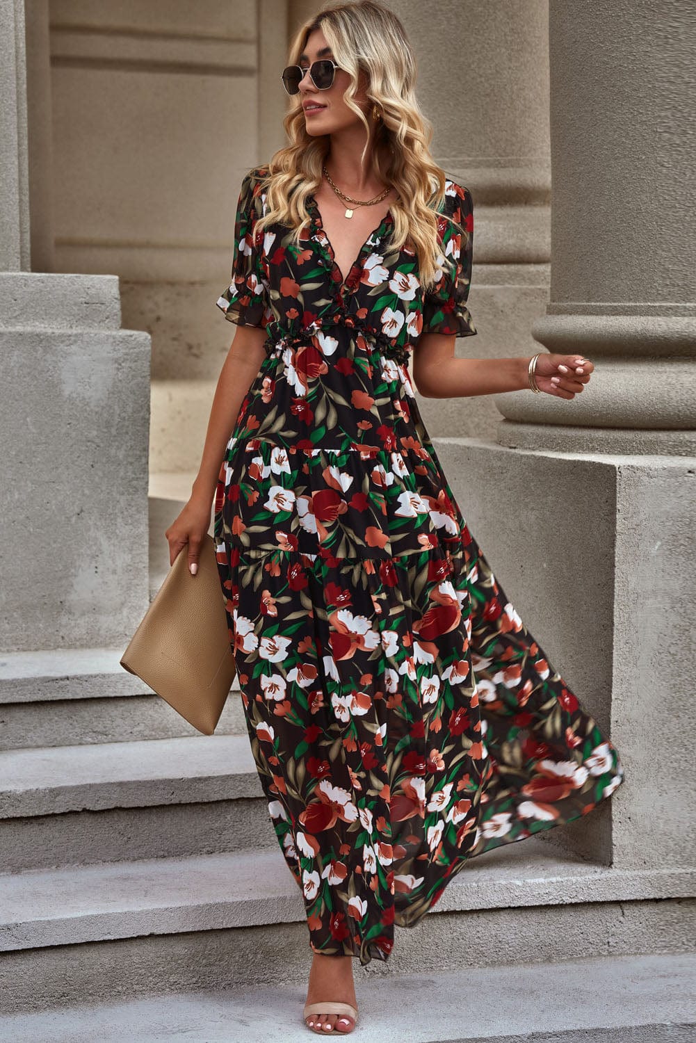 Floral V-Neck Short Flounce Sleeve Dress - Body By J'ne