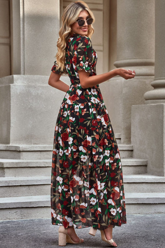 Floral V-Neck Short Flounce Sleeve Dress - Body By J'ne