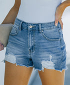 Frayed Hem Distressed Denim Shorts with Pockets - Body By J'ne
