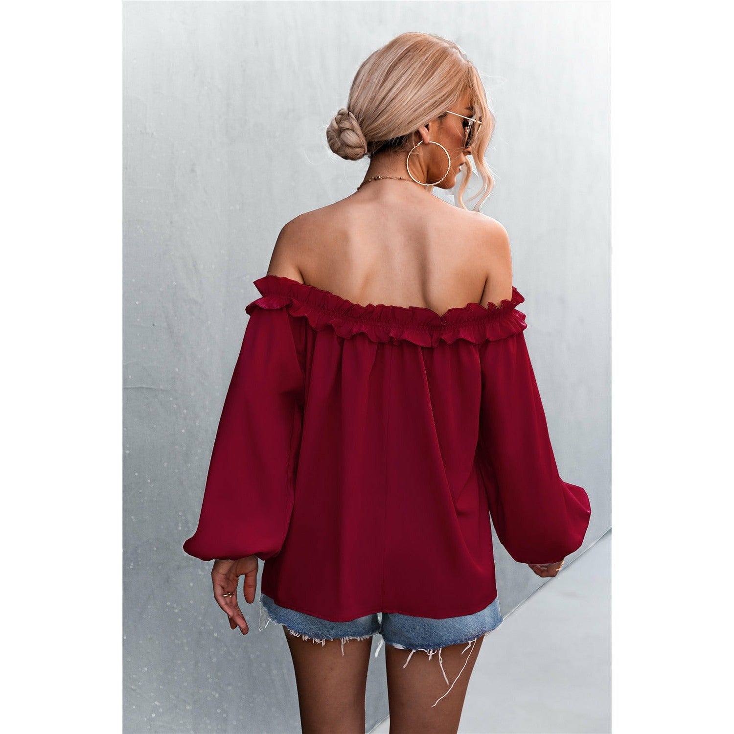 Frill Trim Off-Shoulder Balloon Sleeve Top - Body By J'ne